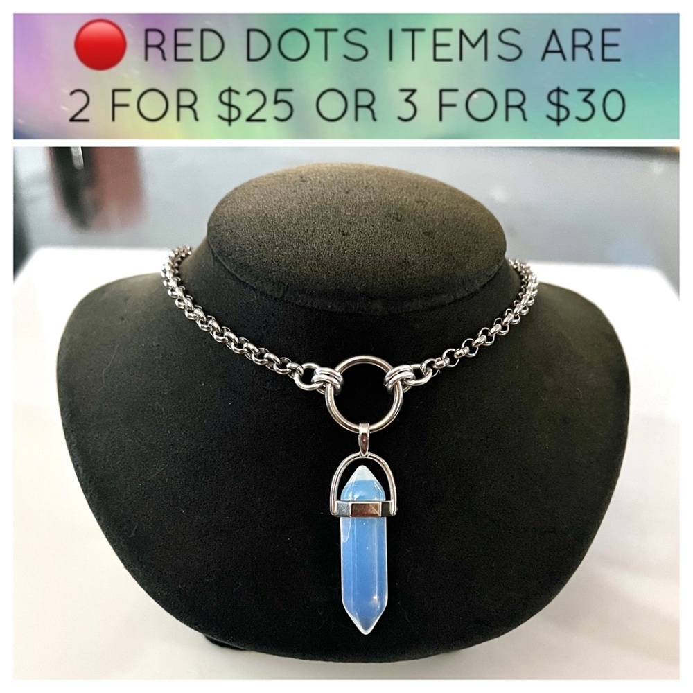 🔴 SALE . Handmade blue opalite bullet on stainless steel chain necklace .